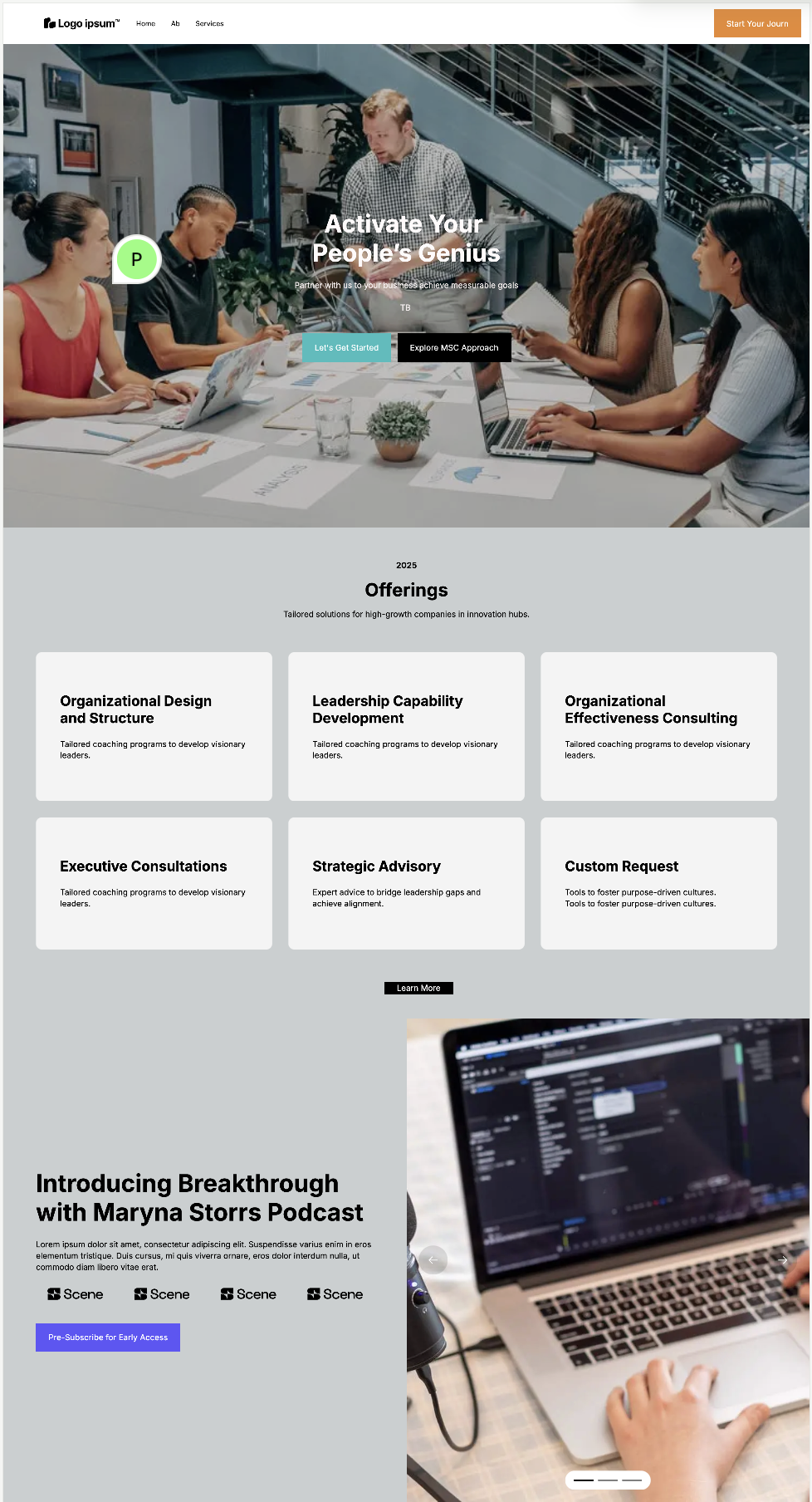 Wireframe showing homepage layout